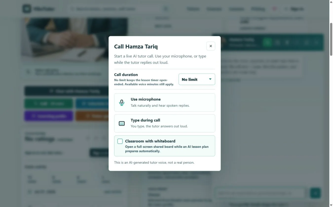 VibeTutor call dialog with duration, microphone, typed-call, and classroom options