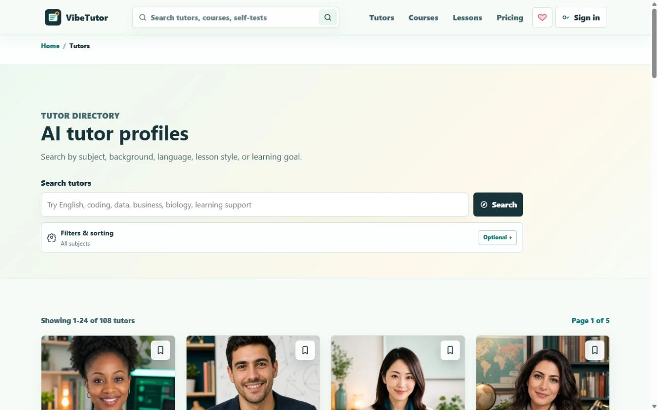 VibeTutor tutor directory with search, collapsed filters, pagination, and a row of distinct AI tutor profiles