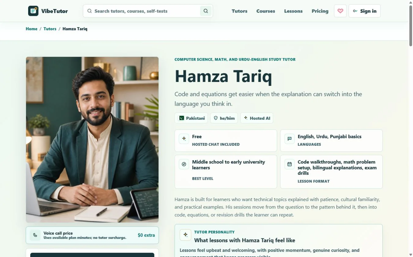 VibeTutor profile for Hamza Tariq showing level, languages, lesson format, personality, and hosted AI access