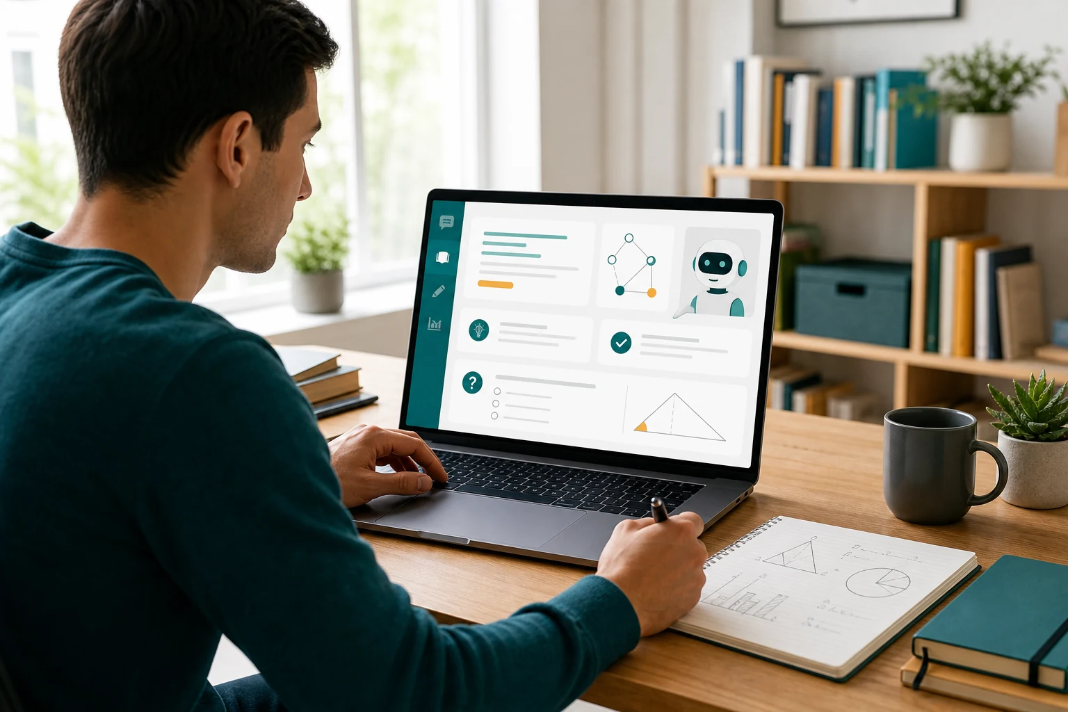 Learner using an AI tutoring interface with explanations, diagrams, and practice prompts