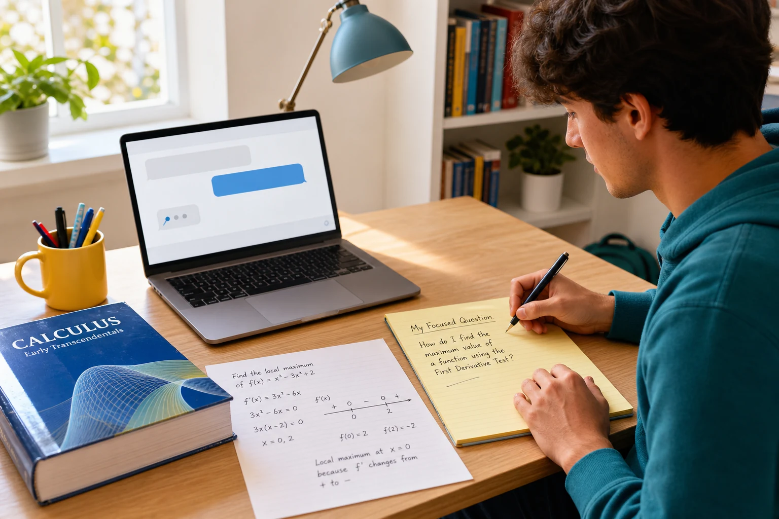 Learner preparing one focused calculus question before an AI tutor study chat