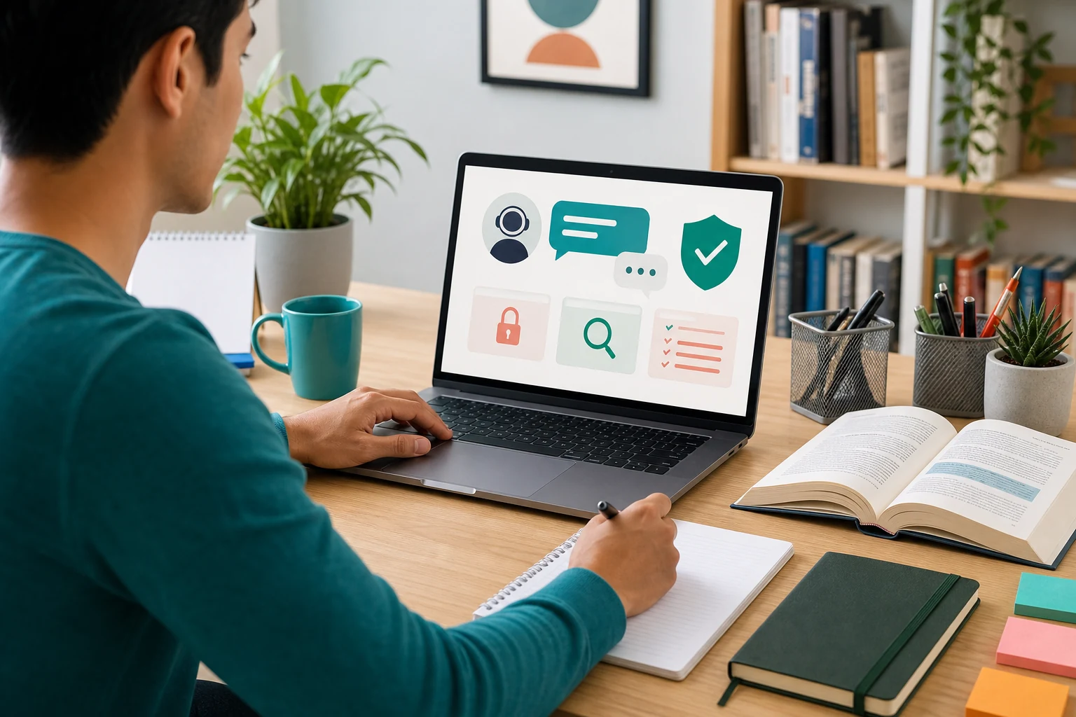 Learner checking privacy and fact-checking controls while studying with an AI tutor